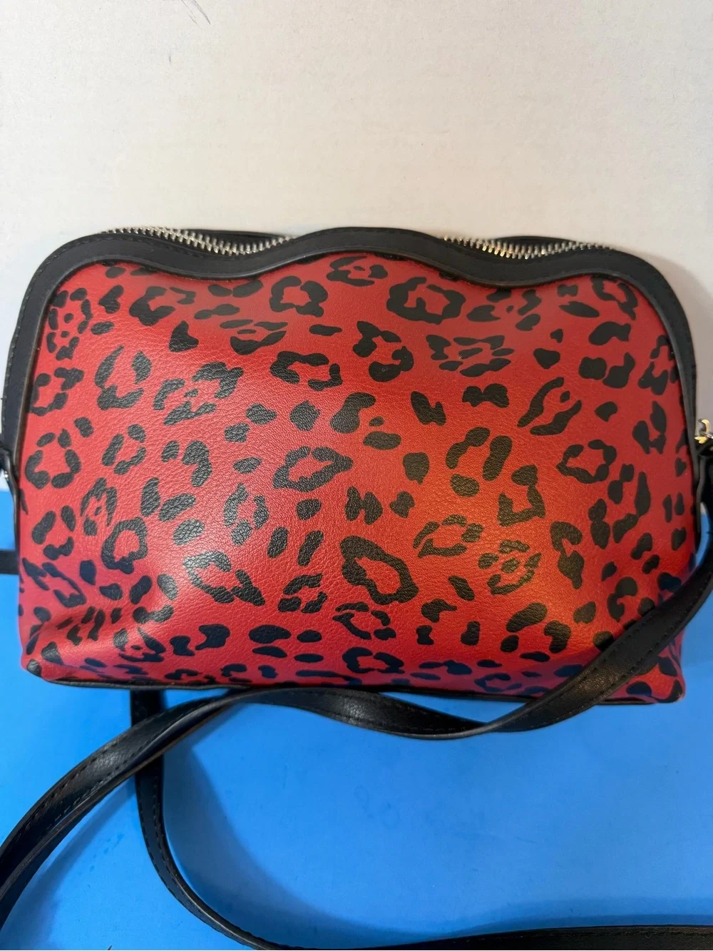 Red Leopard Print Crossbody Bag with Black Trim